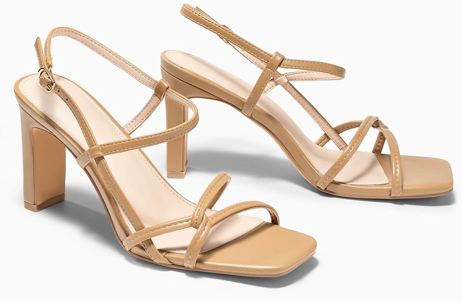 image:imageCoutgo Womens Strappy Sandals Square Open Toe Chunky High Heels Ankle Strap Wedding Party Dress ShoesKhaki