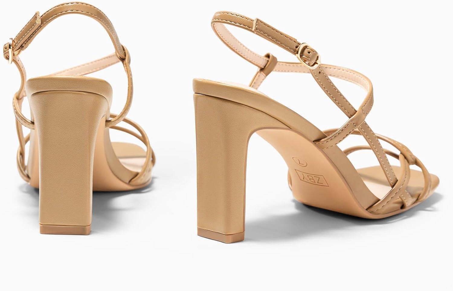 image:imageCoutgo Womens Strappy Sandals Square Open Toe Chunky High Heels Ankle Strap Wedding Party Dress ShoesKhaki