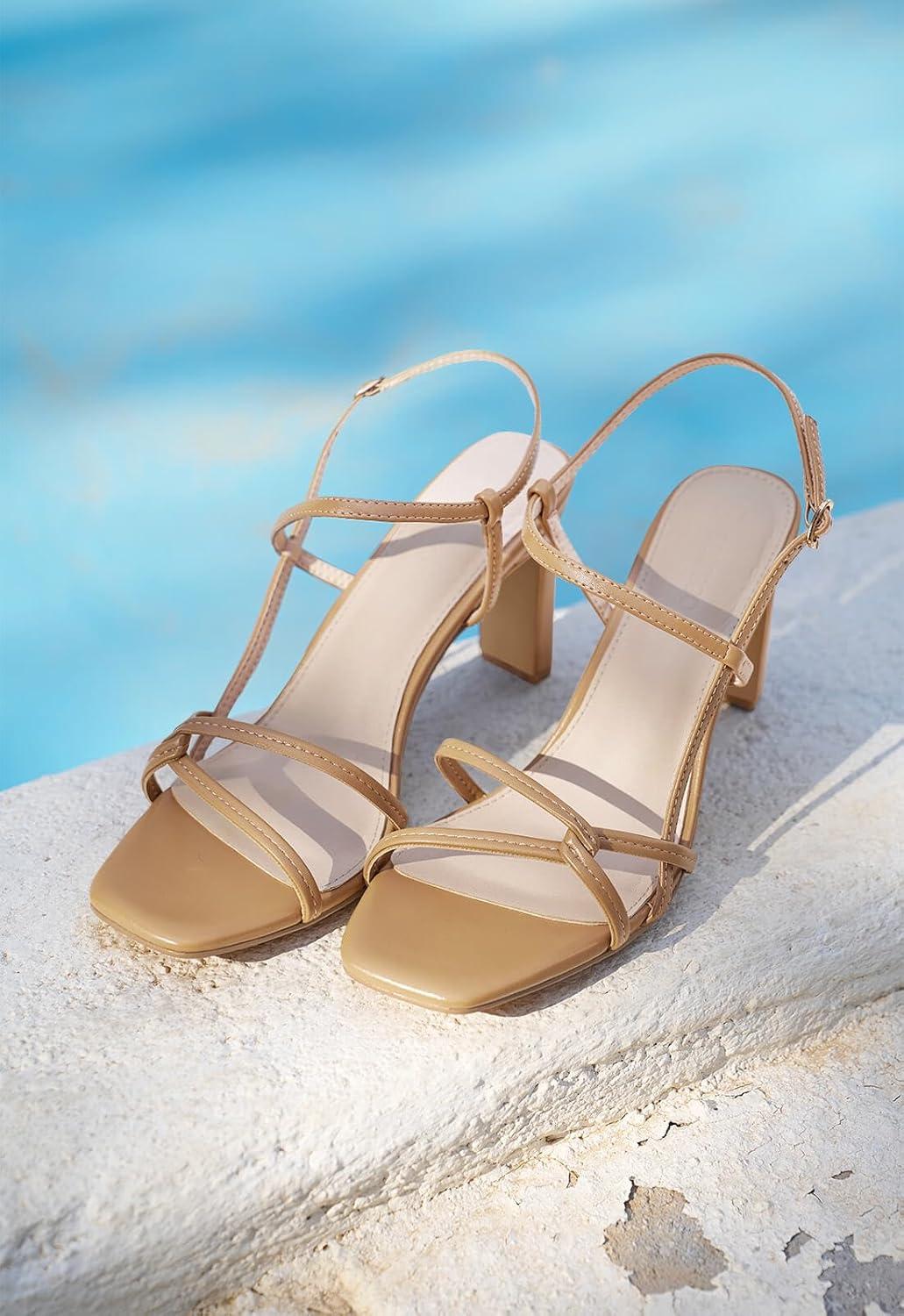 image:imageCoutgo Womens Strappy Sandals Square Open Toe Chunky High Heels Ankle Strap Wedding Party Dress ShoesKhaki