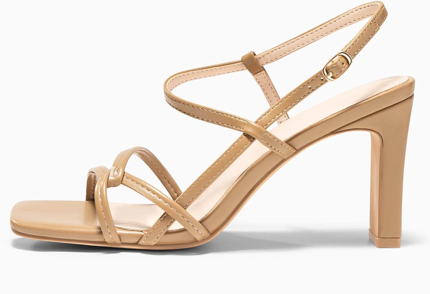image:imageCoutgo Womens Strappy Sandals Square Open Toe Chunky High Heels Ankle Strap Wedding Party Dress ShoesKhaki