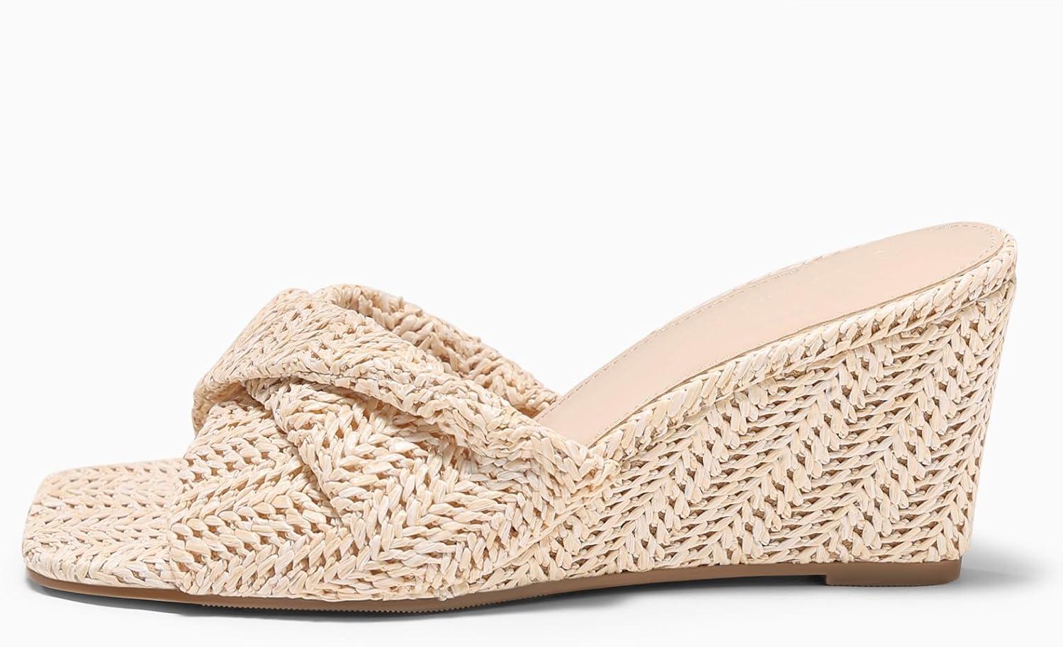 image:imageCoutgo Womens Wedge Sandals Espadrilles Square Open Toe Slip On High Heels Slides Summer Beach ShoesBeige