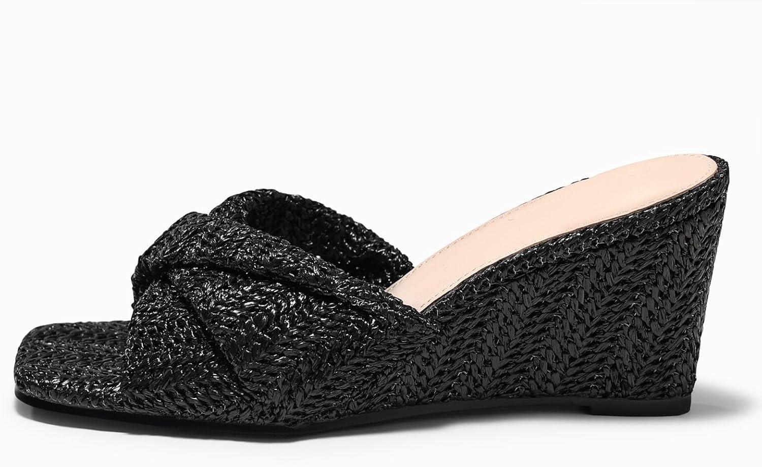 image:imageCoutgo Womens Wedge Sandals Espadrilles Square Open Toe Slip On High Heels Slides Summer Beach ShoesBlack