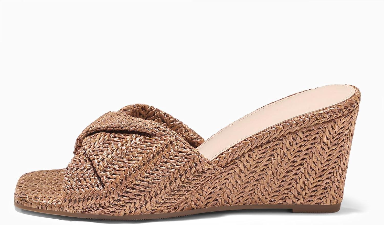 image:imageCoutgo Womens Wedge Sandals Espadrilles Square Open Toe Slip On High Heels Slides Summer Beach ShoesBrown