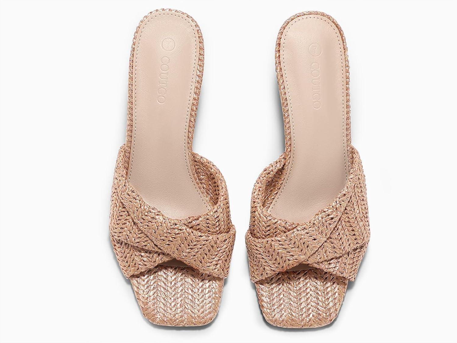 image:imageCoutgo Womens Wedge Sandals Espadrilles Square Open Toe Slip On High Heels Slides Summer Beach ShoesLight Khaki