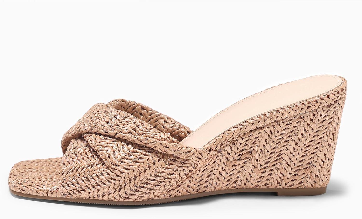 image:imageCoutgo Womens Wedge Sandals Espadrilles Square Open Toe Slip On High Heels Slides Summer Beach ShoesLight Khaki