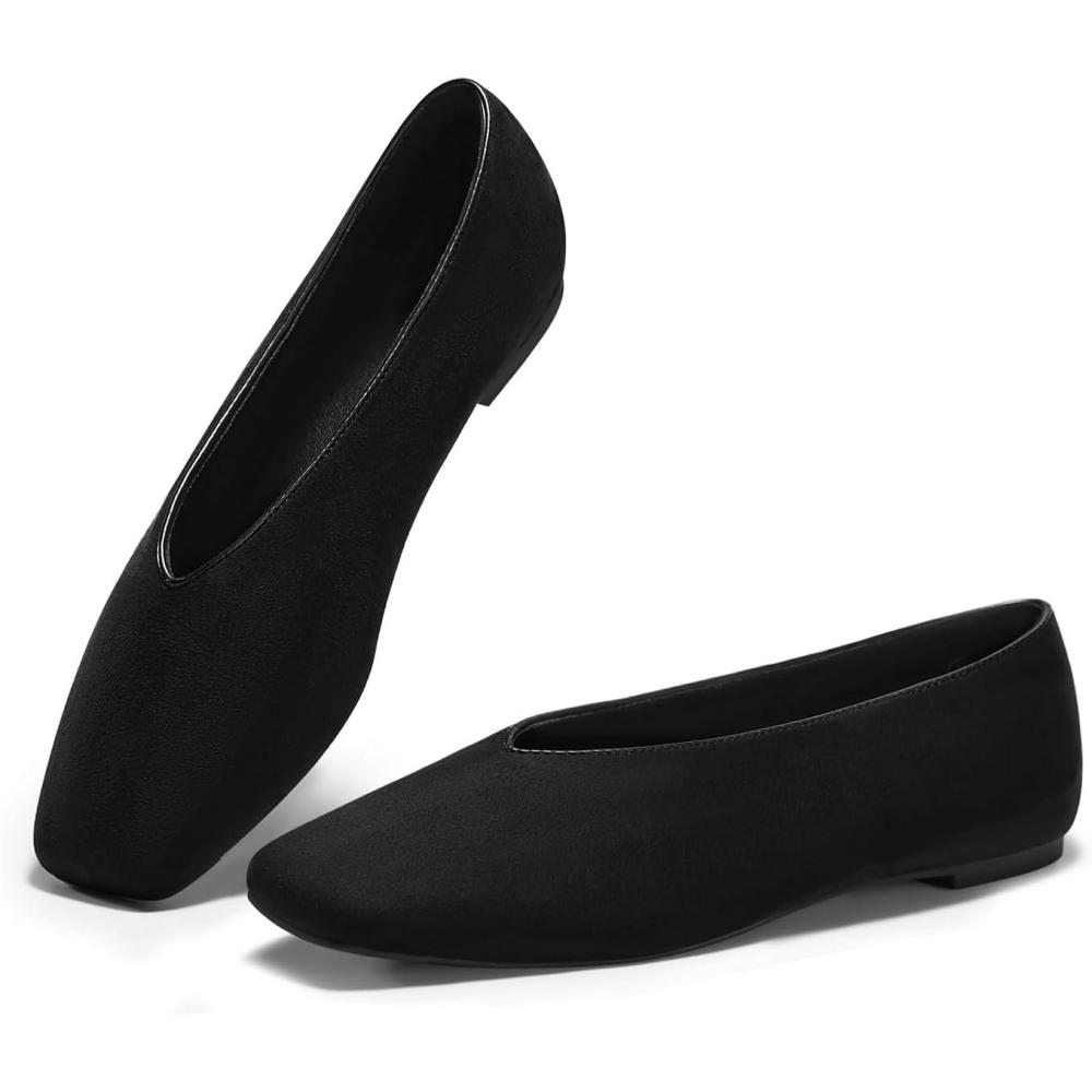 image:imageCoutgo Womens Ballet Flats Comfortable Closed Square Toe Flats Slip On Suede Work Dress ShoesBlack