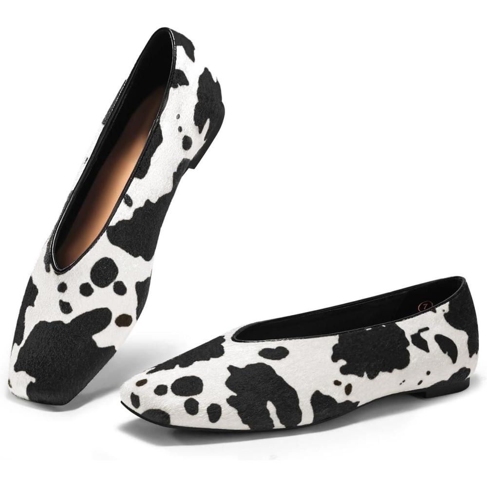 image:imageCoutgo Womens Ballet Flats Comfortable Closed Square Toe Flats Slip On Suede Work Dress ShoesCow Print Blackwhite