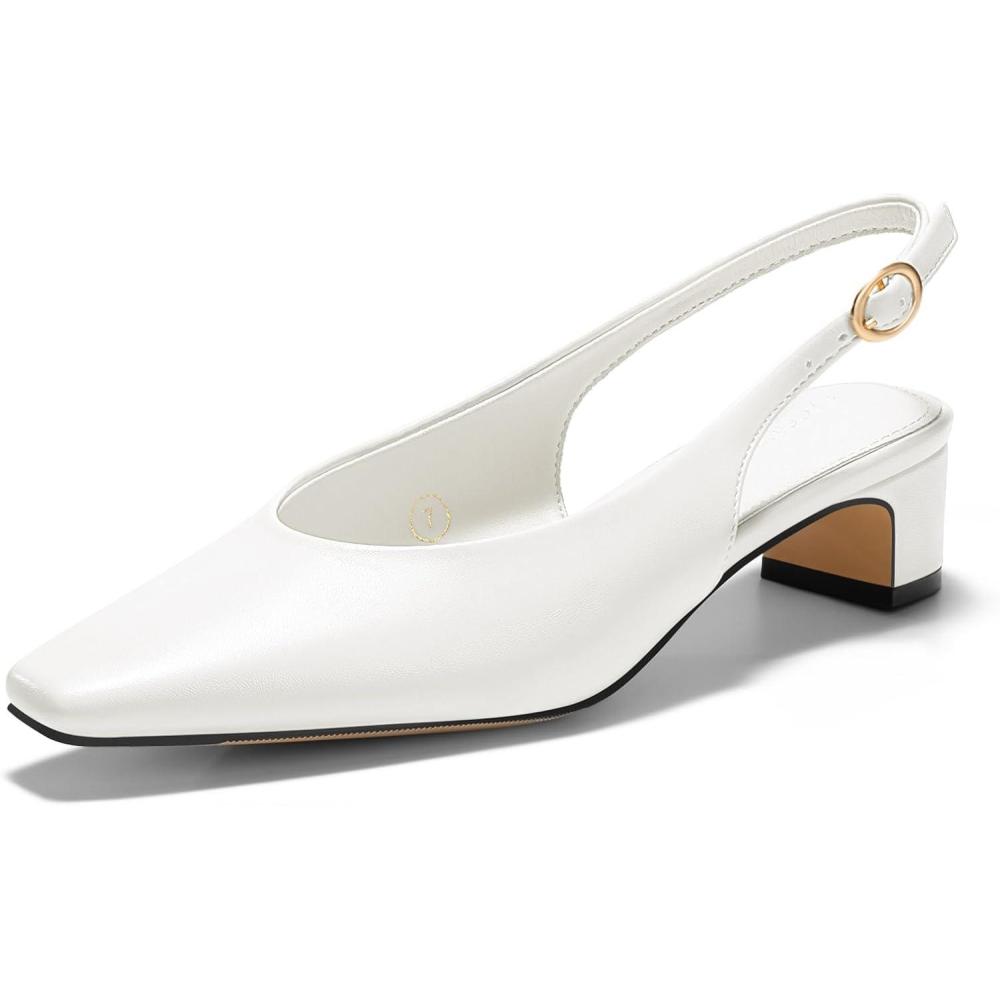 image:imageCoutgo Womens Chunky Low Heels Slingback Pumps Closed SquarePointed Toe Work Office Dress ShoesWhite