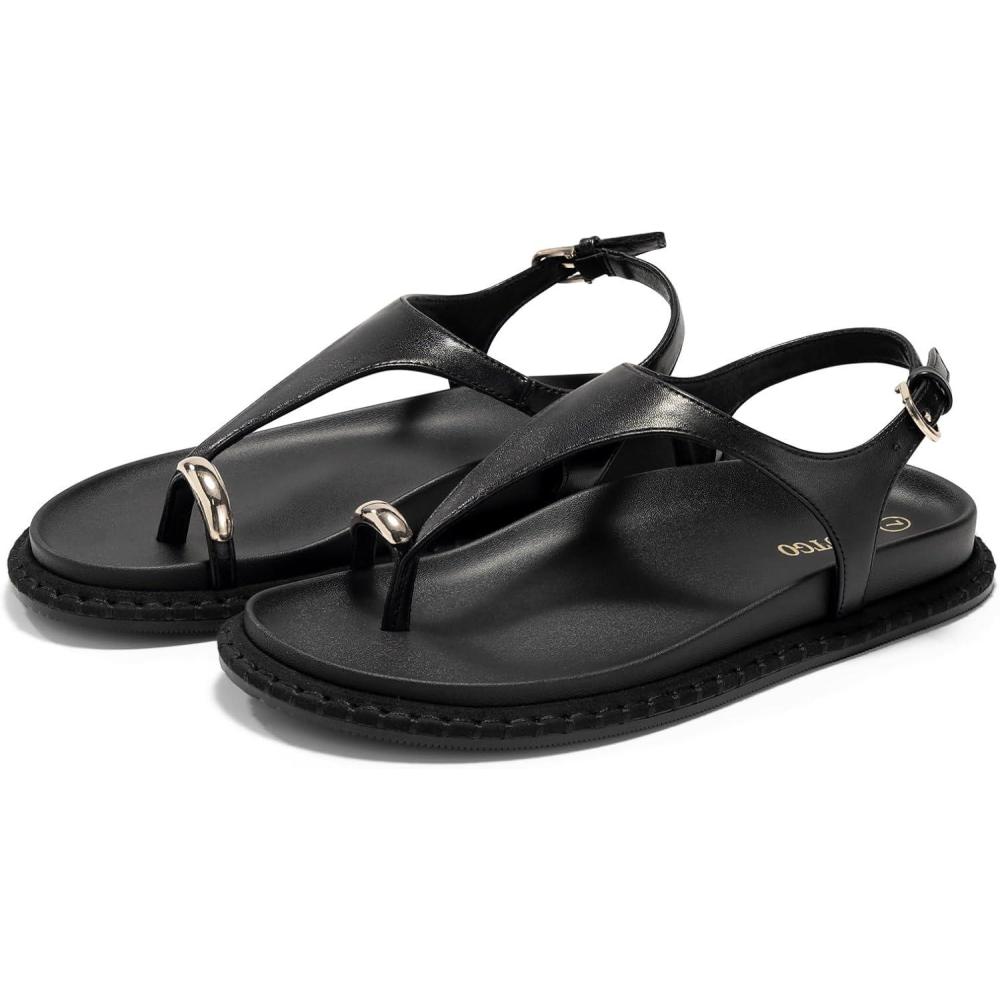 image:imageCoutgo Womens Flat Sandals Comfortable Flip Flops Thong Footbed Sandals Ankle Strap Summer Beach ShoesBlack