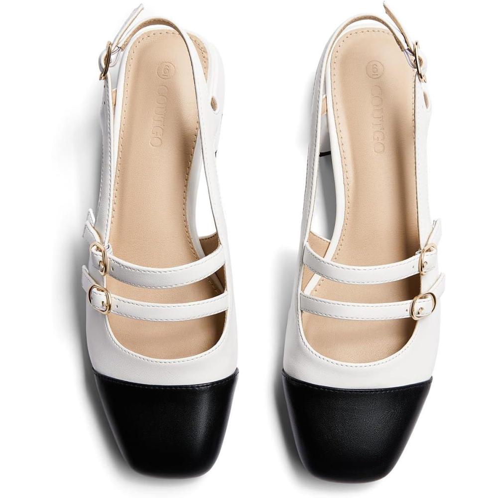 image:imageCoutgo Womens Mary Jane Chunky Low Heels Slingback Pumps Closed Square Toe Wedding Dress ShoesBlack  White Pu