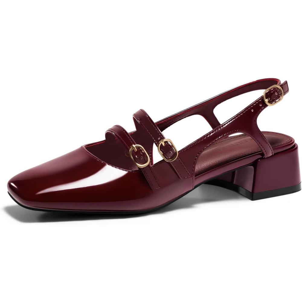 image:imageCoutgo Womens Mary Jane Chunky Low Heels Slingback Pumps Closed Square Toe Wedding Dress ShoesDark Red
