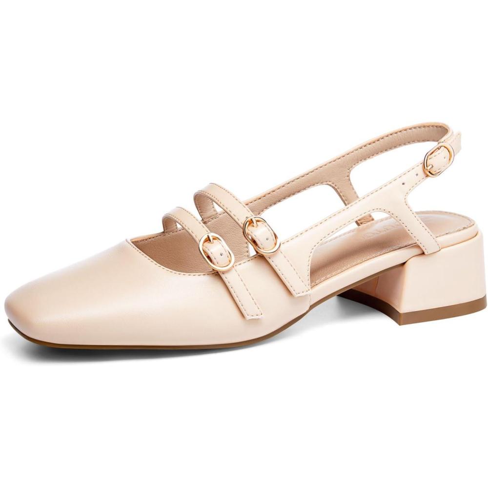 image:imageCoutgo Womens Mary Jane Chunky Low Heels Slingback Pumps Closed Square Toe Wedding Dress ShoesLight Khaki Pu