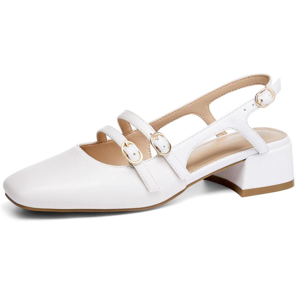 image:imageCoutgo Womens Mary Jane Chunky Low Heels Slingback Pumps Closed Square Toe Wedding Dress ShoesMilky White Pu