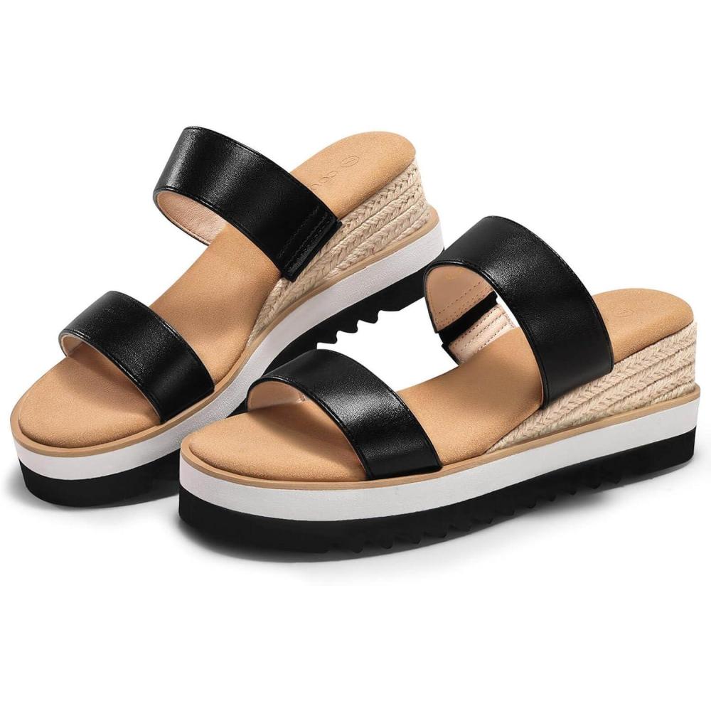 image:imageCoutgo Womens Platform Sandals Espadrille Wedge Heels Comfortable Slip on Slides Open Toe Summer Beach ShoesBlack Pu