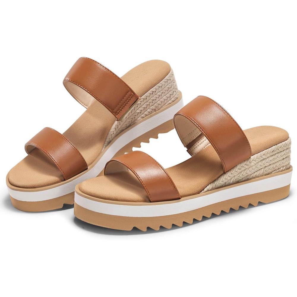 image:imageCoutgo Womens Platform Sandals Espadrille Wedge Heels Comfortable Slip on Slides Open Toe Summer Beach ShoesBrown Pu