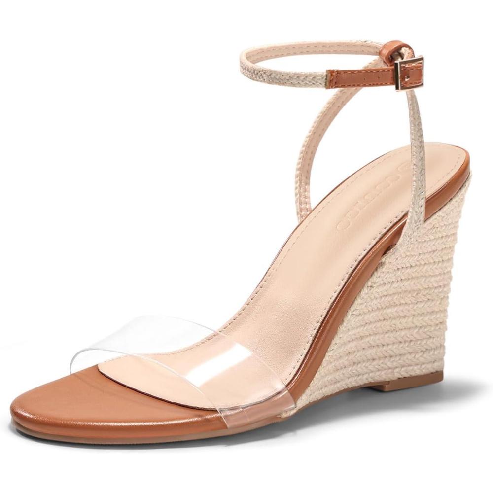 image:imageCoutgo Womens Raffia Wedge Sandals Espadrilles Open Toe Ankle Strap Summer Beach ShoesTransparent