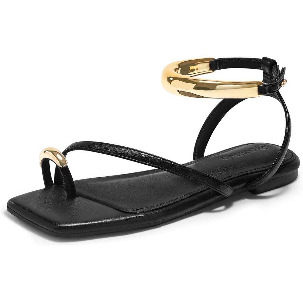 image:imageCoutgo Womens Strappy Flat Sandals Flip Flops Open Toe Ring Sandals Metal Ankle Strap Summer Beach ShoesBlack