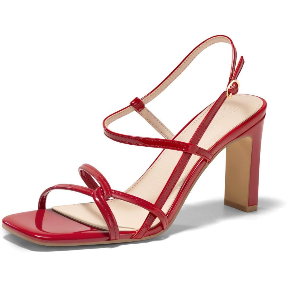 image:imageCoutgo Womens Strappy Sandals Square Open Toe Chunky High Heels Ankle Strap Wedding Party Dress ShoesRed