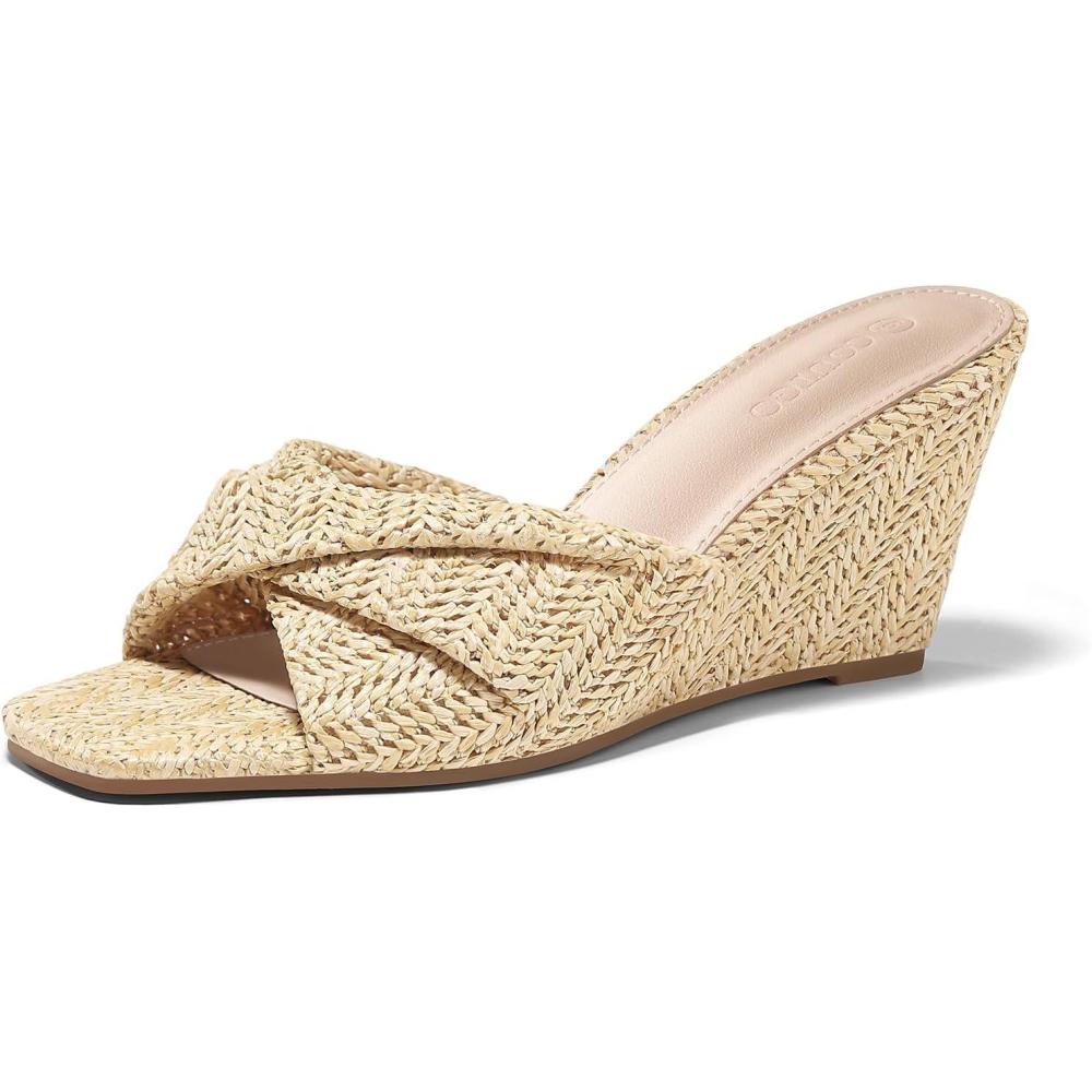 image:imageCoutgo Womens Wedge Sandals Espadrilles Square Open Toe Slip On High Heels Slides Summer Beach ShoesApricot