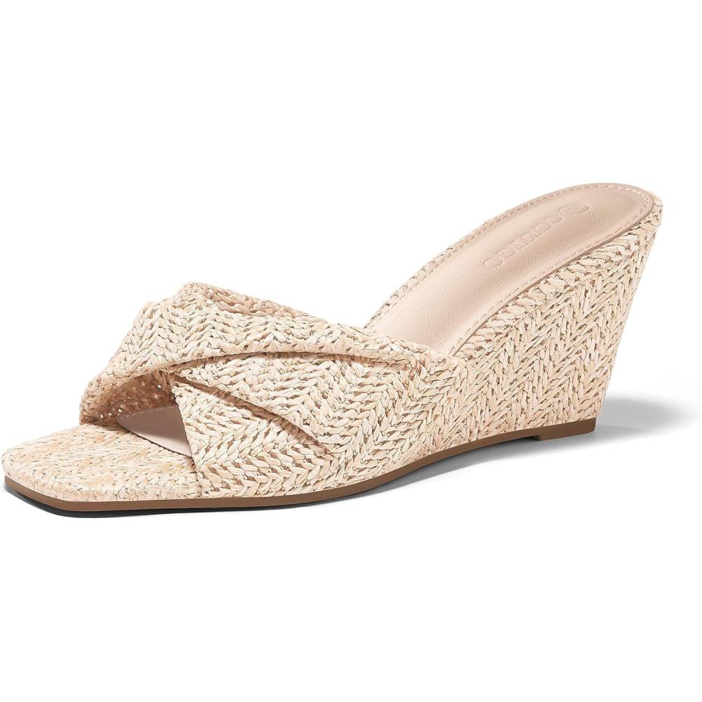 image:imageCoutgo Womens Wedge Sandals Espadrilles Square Open Toe Slip On High Heels Slides Summer Beach ShoesBeige