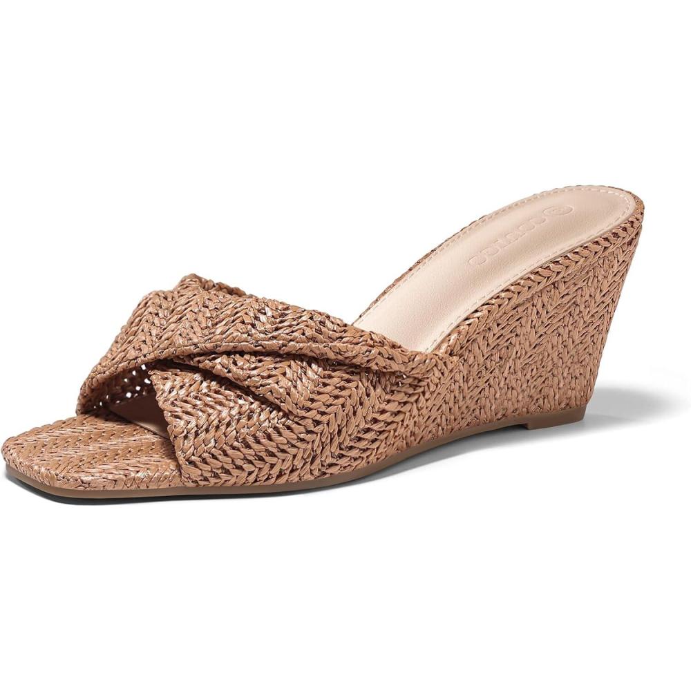 image:imageCoutgo Womens Wedge Sandals Espadrilles Square Open Toe Slip On High Heels Slides Summer Beach ShoesBrown