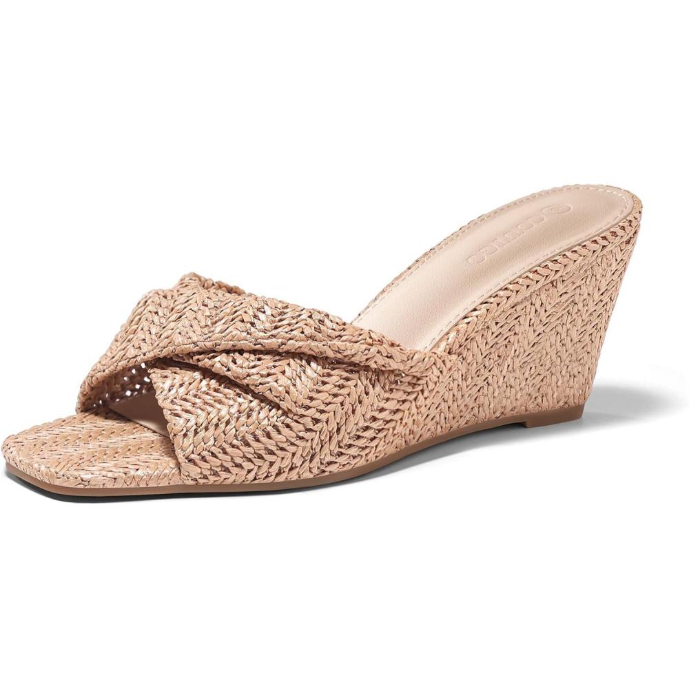 image:imageCoutgo Womens Wedge Sandals Espadrilles Square Open Toe Slip On High Heels Slides Summer Beach ShoesLight Khaki