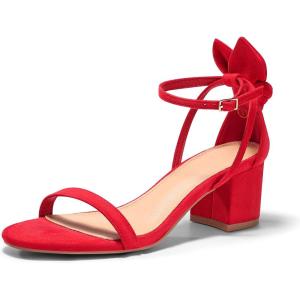 Coutgo Womens Chunky Low Heels Open Toe One Strap Heeled Sandals Bow Ankle Strap Wedding Dress Shoes(Red)