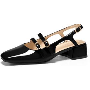 Coutgo Women’s Mary Jane Chunky Low Heels Slingback Pumps Closed Square Toe Wedding Dress Shoes(Black)