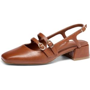 Coutgo Women’s Mary Jane Chunky Low Heels Slingback Pumps Closed Square Toe Wedding Dress Shoes(Tawny Brown Pu)