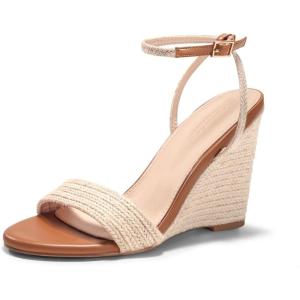 Coutgo Womens Raffia Wedge Sandals Espadrilles Open Toe Ankle Strap Summer Beach Shoes(Braided Beige)