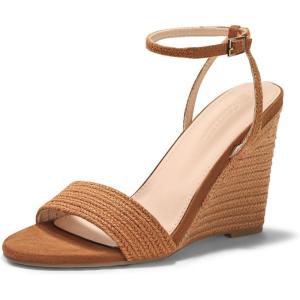 Coutgo Womens Raffia Wedge Sandals Espadrilles Open Toe Ankle Strap Summer Beach Shoes(Braided Brown)
