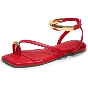 Coutgo Womens Strappy Flat Sandals Flip Flops Open Toe Ring Sandals Metal Ankle Strap Summer Beach Shoes(Red)