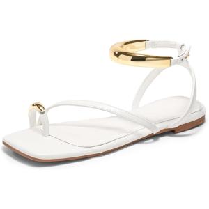 Coutgo Womens Strappy Flat Sandals Flip Flops Open Toe Ring Sandals Metal Ankle Strap Summer Beach Shoes(White)