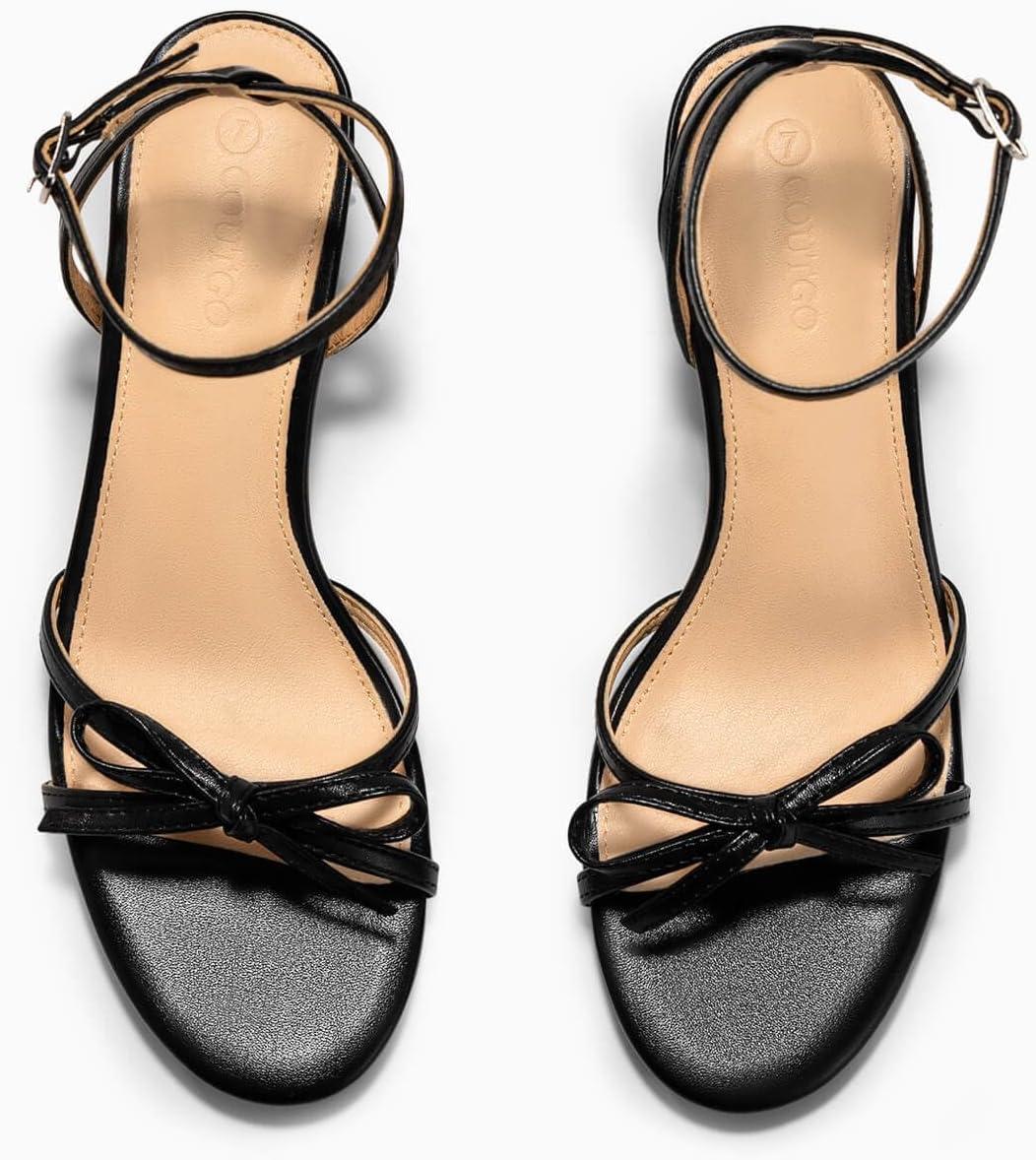 image:imageCoutgo Womens Kitten Low Heels Bow Sandals Open Toe Buckle Ankle Strap Wedding Party Dress ShoesBlack