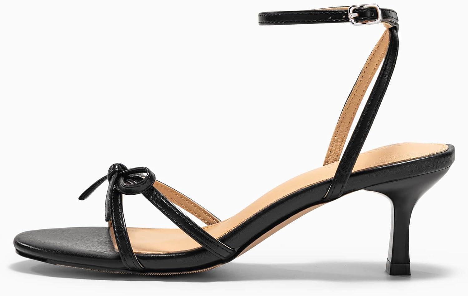 image:imageCoutgo Womens Kitten Low Heels Bow Sandals Open Toe Buckle Ankle Strap Wedding Party Dress ShoesBlack
