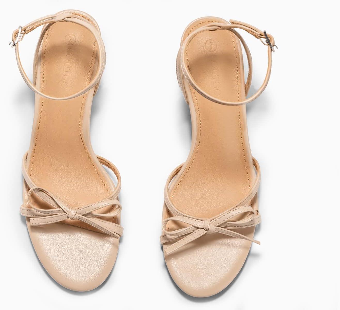 image:imageCoutgo Womens Kitten Low Heels Bow Sandals Open Toe Buckle Ankle Strap Wedding Party Dress ShoesNude