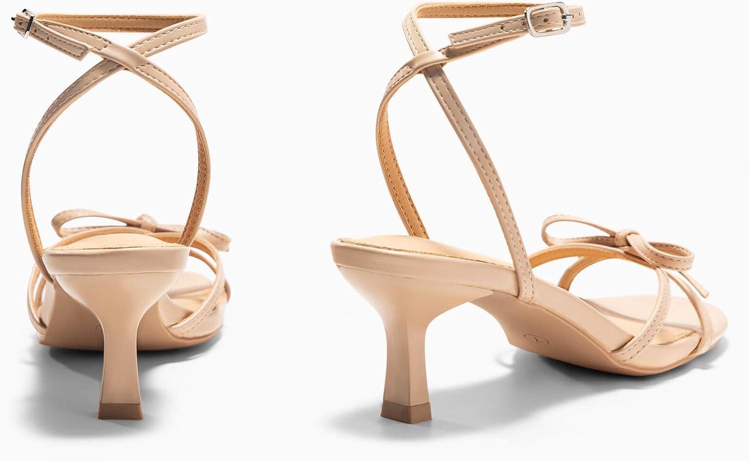 image:imageCoutgo Womens Kitten Low Heels Bow Sandals Open Toe Buckle Ankle Strap Wedding Party Dress ShoesNude