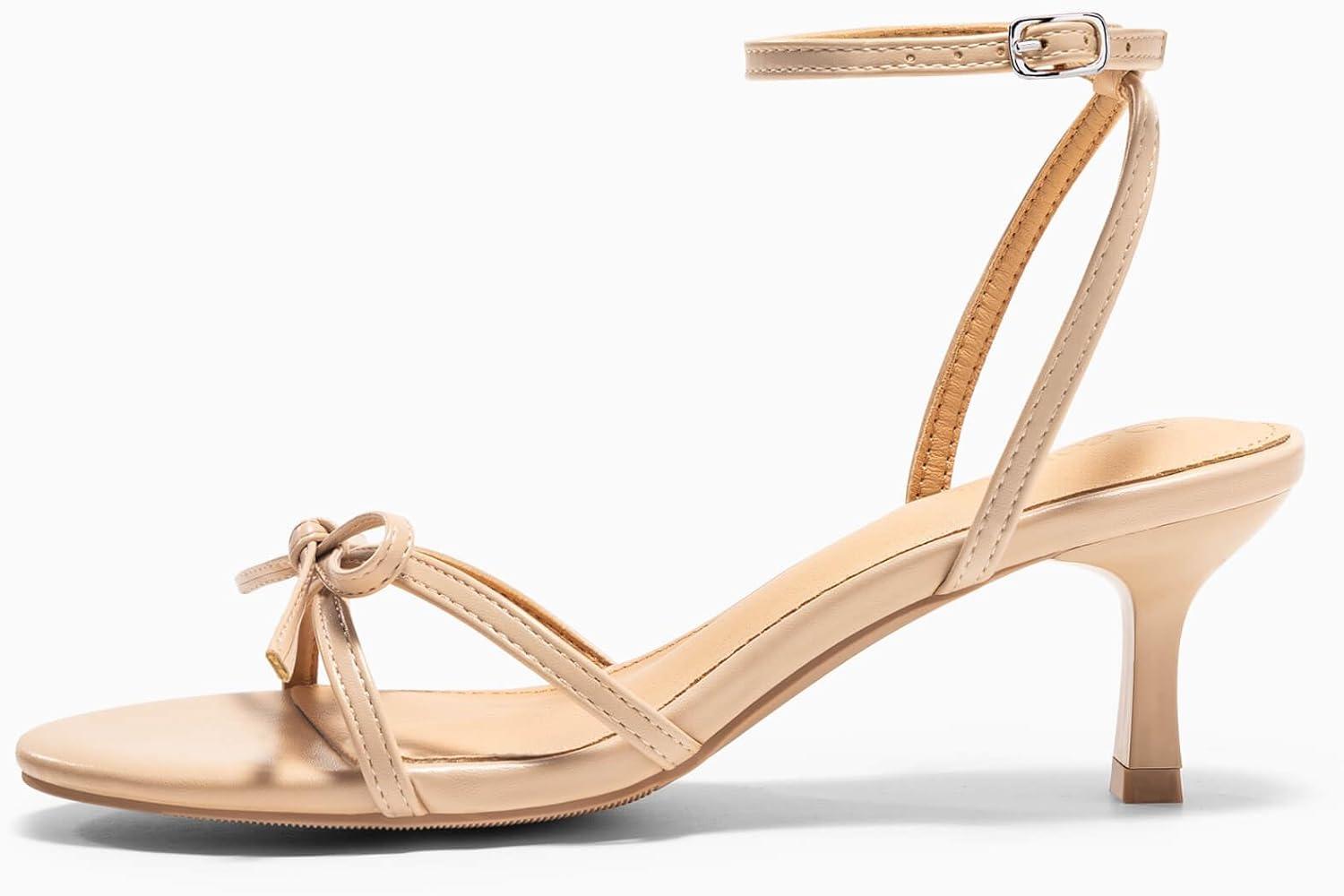 image:imageCoutgo Womens Kitten Low Heels Bow Sandals Open Toe Buckle Ankle Strap Wedding Party Dress ShoesNude