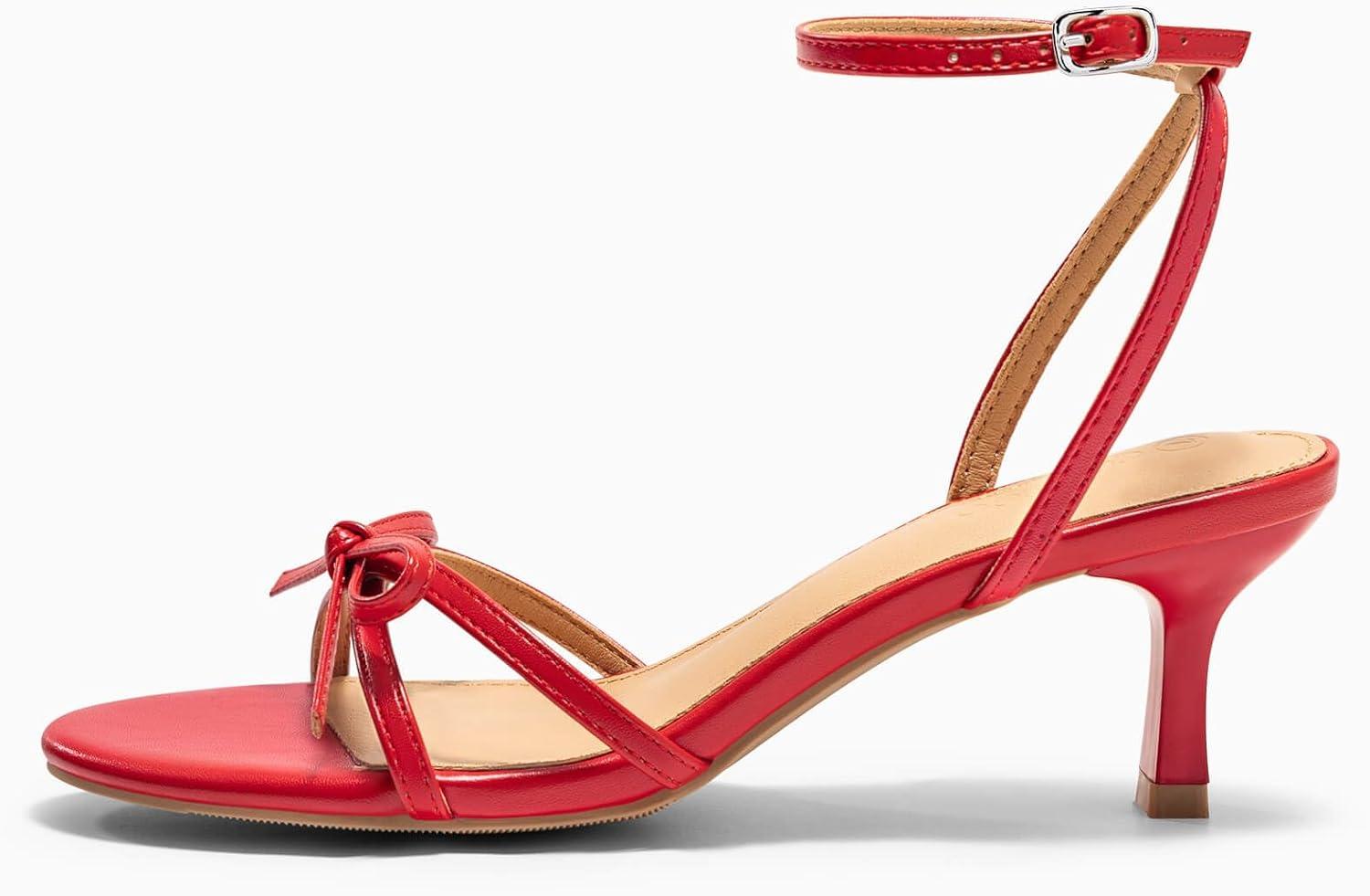 image:imageCoutgo Womens Kitten Low Heels Bow Sandals Open Toe Buckle Ankle Strap Wedding Party Dress ShoesRed