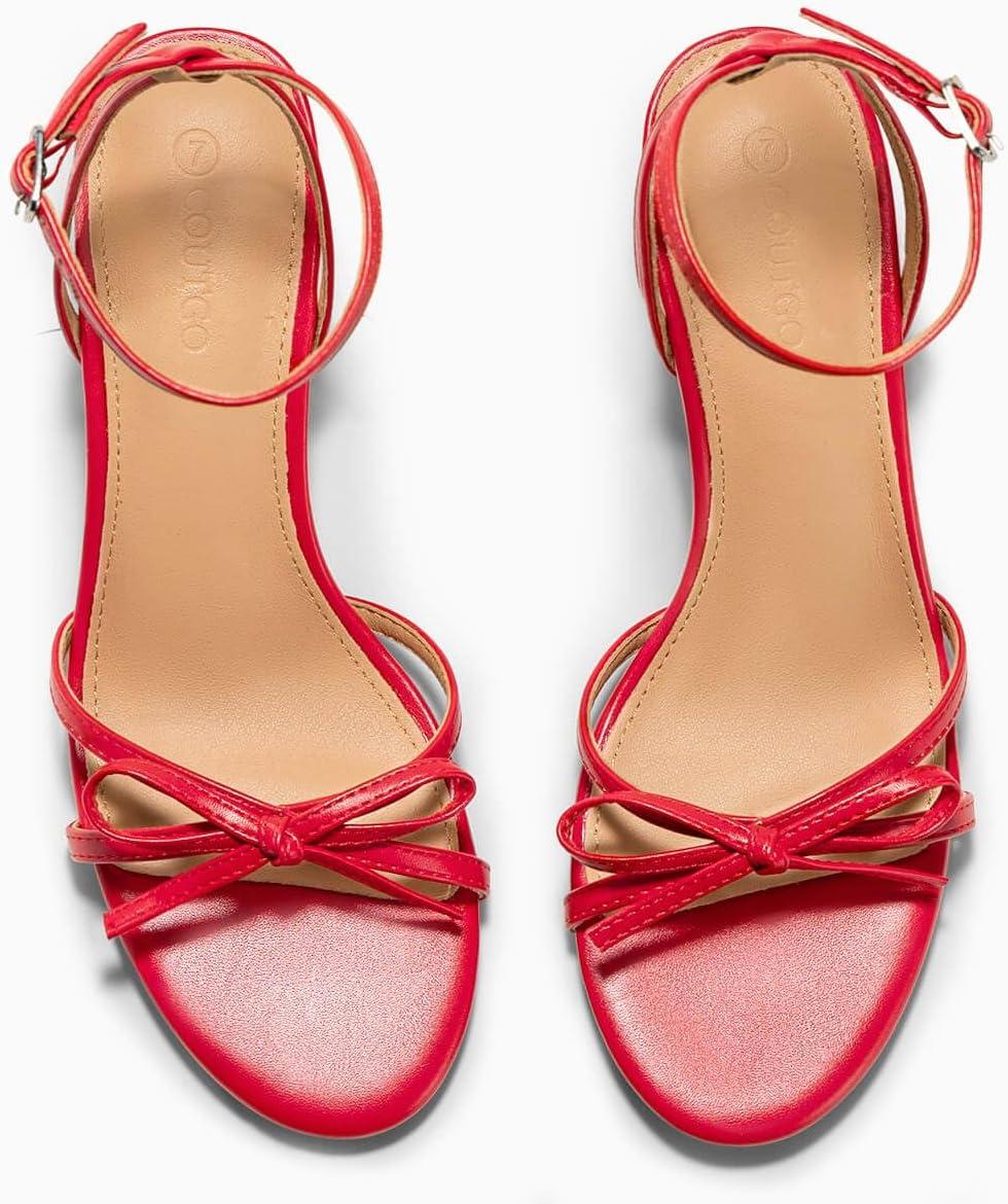 image:imageCoutgo Womens Kitten Low Heels Bow Sandals Open Toe Buckle Ankle Strap Wedding Party Dress ShoesRed