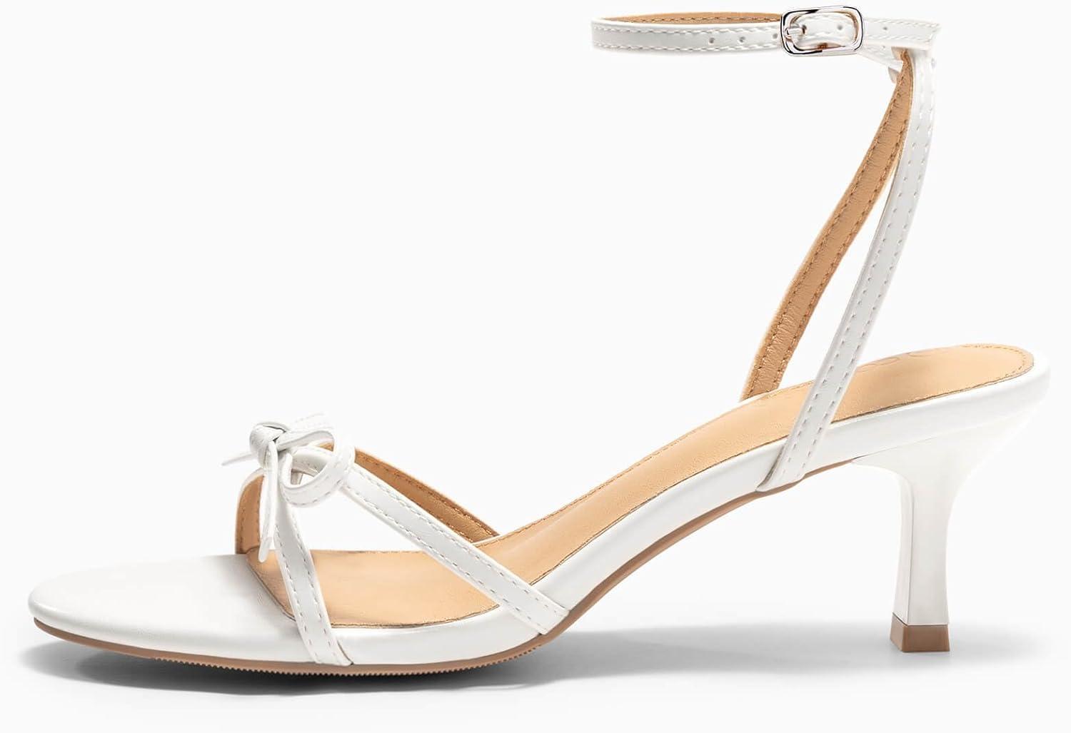 image:imageCoutgo Womens Kitten Low Heels Bow Sandals Open Toe Buckle Ankle Strap Wedding Party Dress ShoesWhite