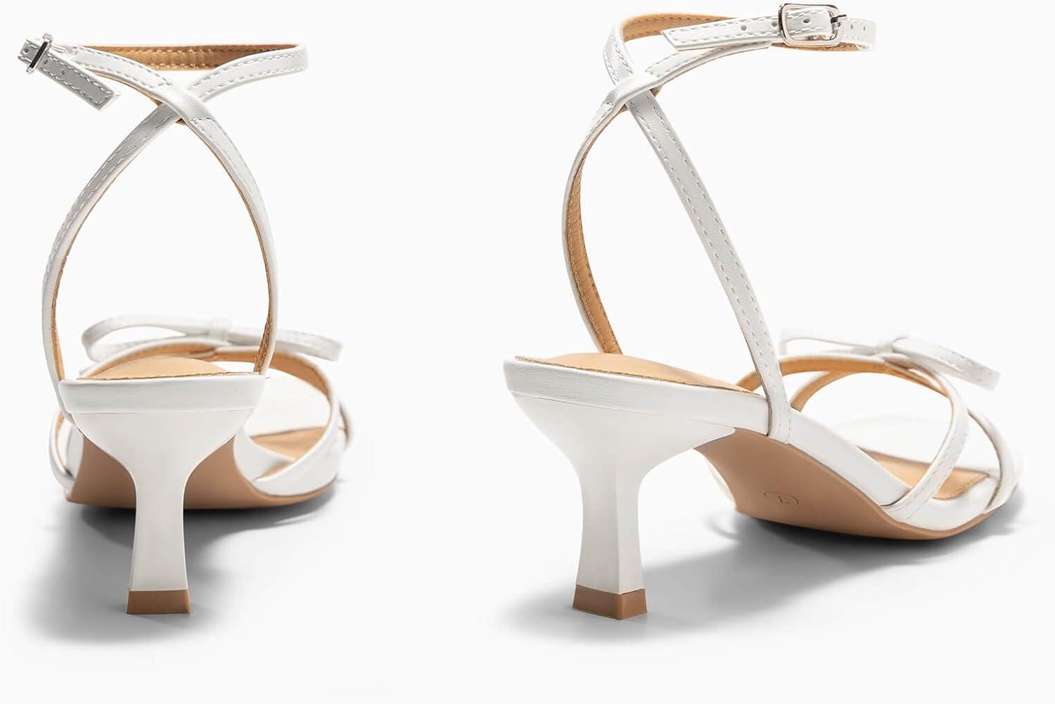 image:imageCoutgo Womens Kitten Low Heels Bow Sandals Open Toe Buckle Ankle Strap Wedding Party Dress ShoesWhite