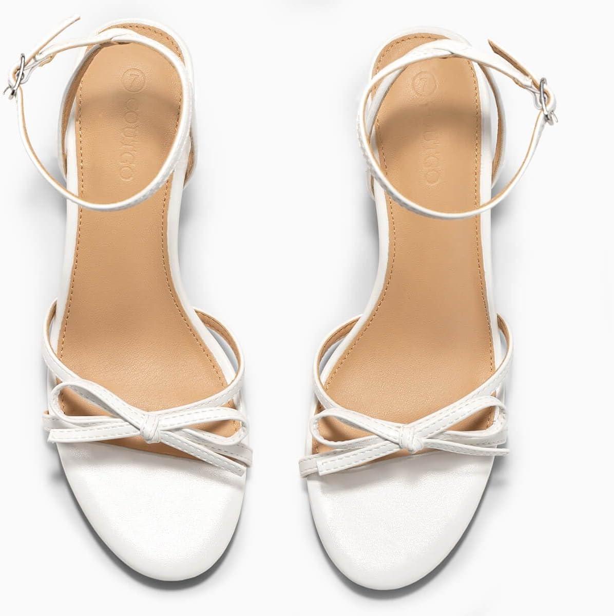 image:imageCoutgo Womens Kitten Low Heels Bow Sandals Open Toe Buckle Ankle Strap Wedding Party Dress ShoesWhite