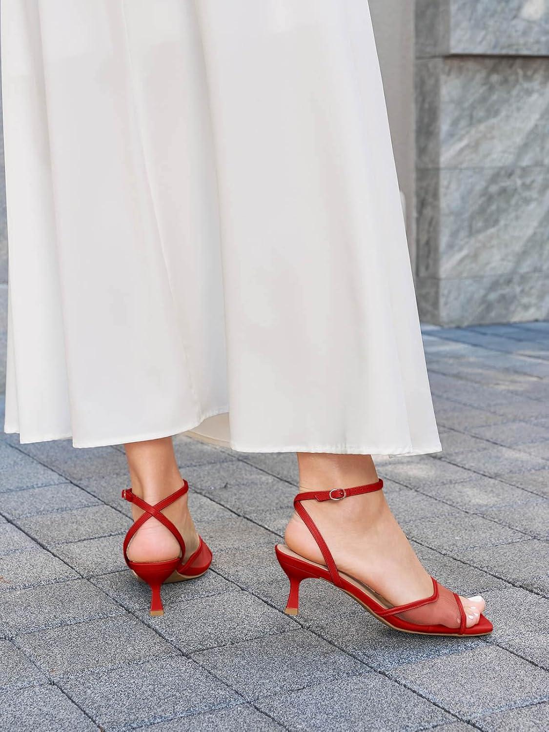 image:imageCoutgo Womens Kitten Low Heels Strappy Sandals Mesh Square Open Toe Buckle Ankle Strap Summer Dress ShoesRed