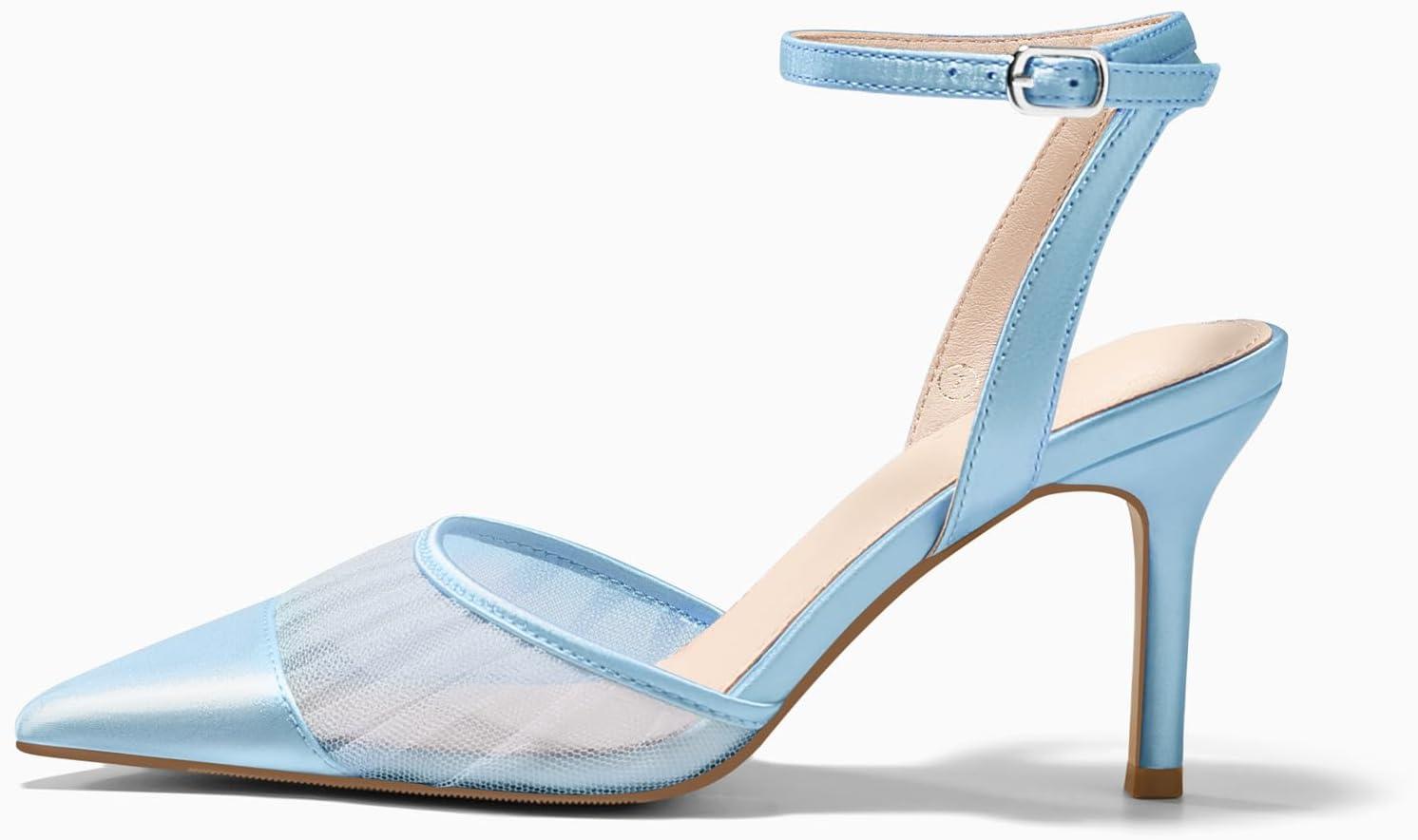 image:imageCoutgo Womens Mesh High Heels Satin Closed Pointed Toe Pumps Patchwork Wedding Dress ShoesBlue