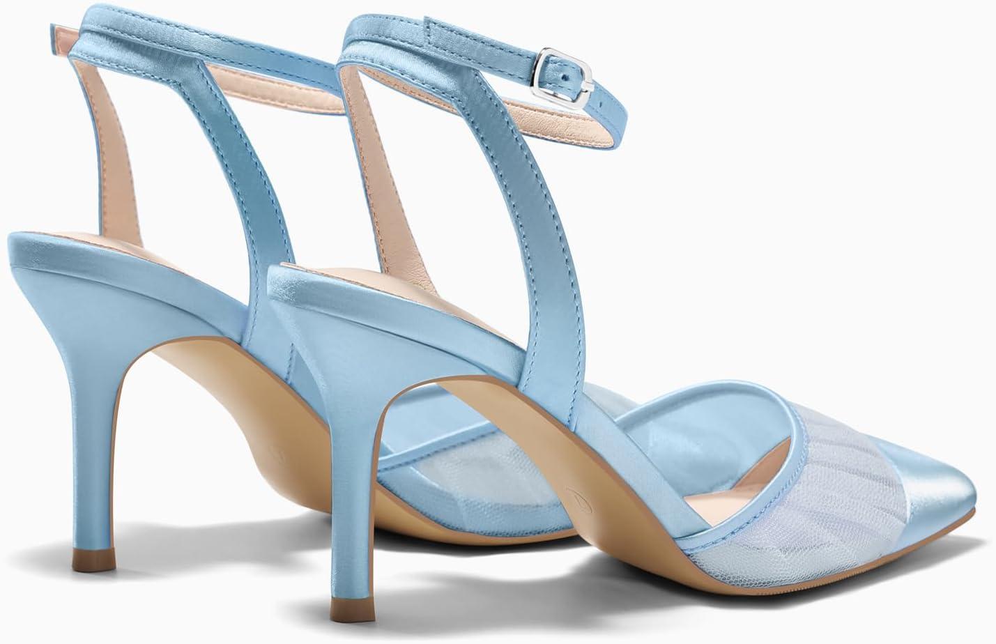 image:imageCoutgo Womens Mesh High Heels Satin Closed Pointed Toe Pumps Patchwork Wedding Dress ShoesBlue