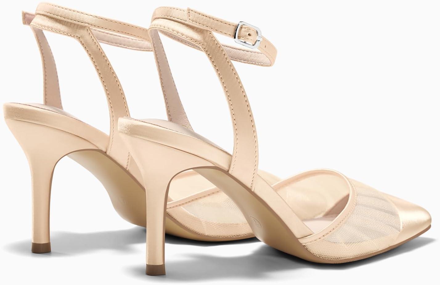 image:imageCoutgo Womens Mesh High Heels Satin Closed Pointed Toe Pumps Patchwork Wedding Dress ShoesNude