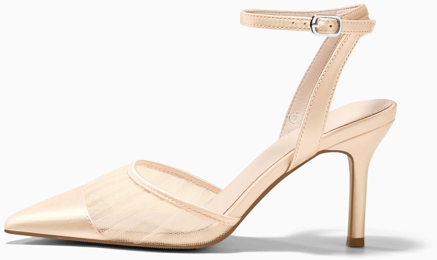 image:imageCoutgo Womens Mesh High Heels Satin Closed Pointed Toe Pumps Patchwork Wedding Dress ShoesNude