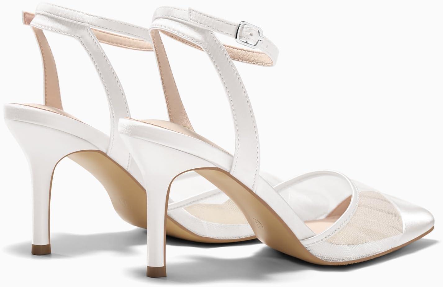 image:imageCoutgo Womens Mesh High Heels Satin Closed Pointed Toe Pumps Patchwork Wedding Dress ShoesWhite