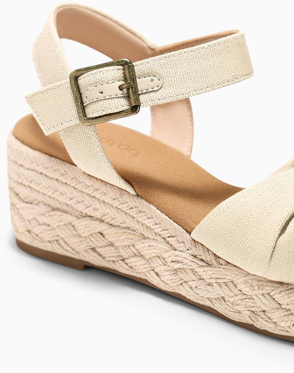 image:imageCoutgo Womens Platform Wedge Heels Sandals Espadrilles Open Toe Ankle Strap Twist Canvas Summer Beach ShoesBeige
